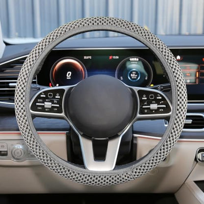 Elastic Stretch Steering Wheel Cover, Anti-Slip 15 inch Microfiber Odorless Breathable Ice Silk Car Steering Wheel Protector, Easy Carry, Warm in Winter & Cool in Summer (Grey) - color: Grey
