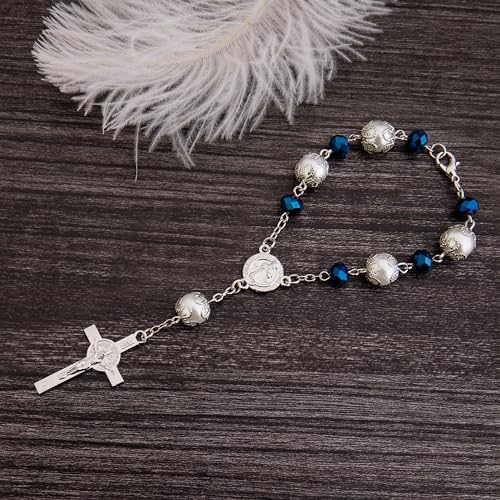 One Decade Car Rosary Navy Blue Glass Prayer Beads with St. Benedict Medal & Crucifix Spiritual Protection Rearview Mirror Accessory Catholic Gift for Travelers - color: Navy Blue