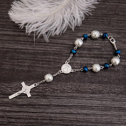 One Decade Car Rosary Navy Blue Glass Prayer Beads with St. Benedict Medal & Crucifix Spiritual Protection Rearview Mirror Accessory Catholic Gift for Travelers - color: Navy Blue