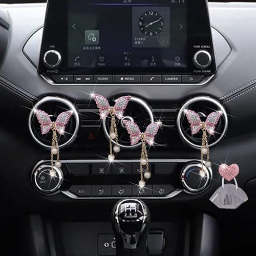 Pink Butterfly Air Vent Clips, 4 Pcs Bling Butterfly Air Fresheners Vents Clips Diamond Car Interior Decor Bling Cute Car Accessories Decoration for Women+ Heart Mask Hook