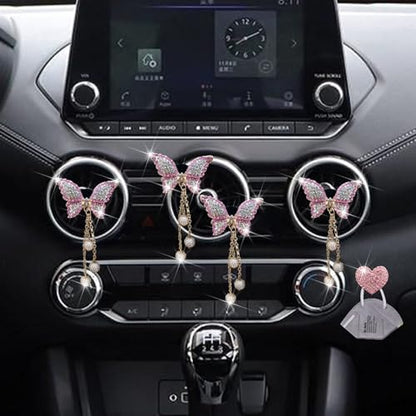 Pink Butterfly Air Vent Clips, 4 Pcs Bling Butterfly Air Fresheners Vents Clips Diamond Car Interior Decor Bling Cute Car Accessories Decoration for Women+ Heart Mask Hook