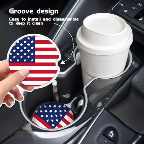 COYEUX Absorbent Car Cup Holder Coaster 2 Pack, Funny Car Accessories Interior, 2.56" Cute Car Coasters with a Finger Notch for Women & Men American Flag