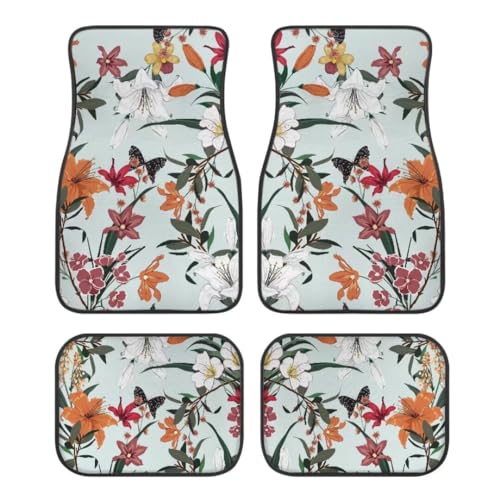 Light Cyan Lilies Print Floral Car Floor Mats Suitable for Cars SUVs Trucks,All Weather Front & Rear Automotive Floor Mats,Universal Fit Design，4 Pieces - color: LightCyan Lilies