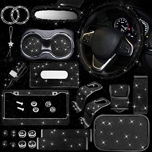 25PCS Bling Car Car Accessories Set,15 Inch Steering Wheel Cover,Shiny License Plate Frame,Center Console Cover and Rearview Mirror Set and Other Car Accessories(Black) - color: Black