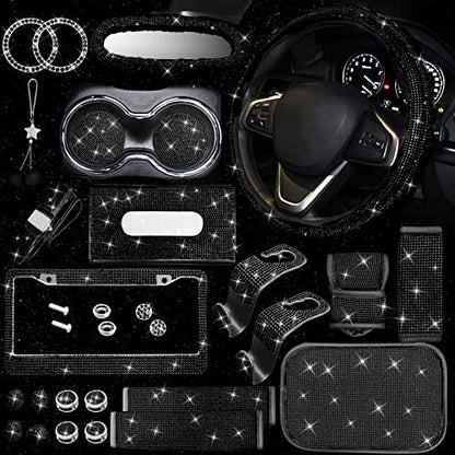 25PCS Bling Car Car Accessories Set,15 Inch Steering Wheel Cover,Shiny License Plate Frame,Center Console Cover and Rearview Mirror Set and Other Car Accessories(Black) - color: Black