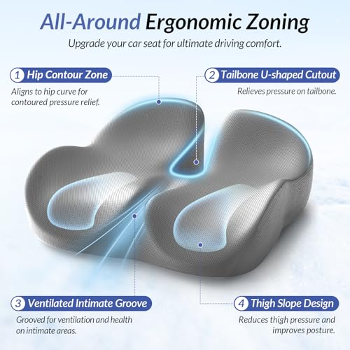Gel Seat Cushion for Office Chair and Car Seat with Ergonomic Zoning, Memory Foam Chair Cushion for Sciatica, Lower Back, Tailbone Pain Relief and Intimate Ventilation, Non-Slip & Airy Cover