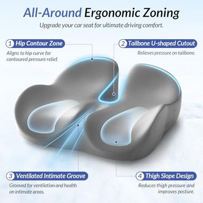 Gel Seat Cushion for Office Chair and Car Seat with Ergonomic Zoning, Memory Foam Chair Cushion for Sciatica, Lower Back, Tailbone Pain Relief and Intimate Ventilation, Non-Slip & Airy Cover