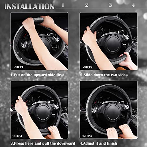 CAR PASS Bling Diamond Leather Steering Wheel Cover, with Bling Sparkly Crystal Glitter Rhinestones Universal Fit 14.5in-15in Car Wheel Protector for Women Girl Fit Suvs,Vans,Sedans,Car,Trucks, Silver