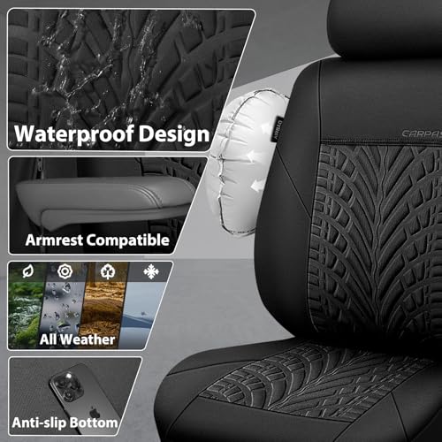 CAR PASS Neoprene Waterproof Seat Covers Full Sets, Wetsuit Car Seat Covers 5 Seats Universal Fit for Vans, Truck, SUV, 3D Tyre Embossed Seat Covers Anti Slip with Armrests, Aibag Compatible(Black) - color: Black Solid, size: Full sets