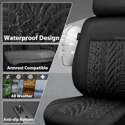 CAR PASS Neoprene Waterproof Seat Covers Full Sets, Wetsuit Car Seat Covers 5 Seats Universal Fit for Vans, Truck, SUV, 3D Tyre Embossed Seat Covers Anti Slip with Armrests, Aibag Compatible(Black) - color: Black Solid, size: Full sets