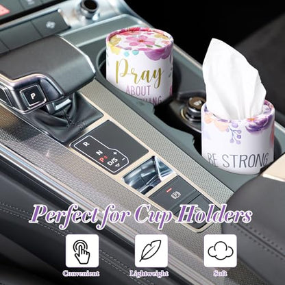 Outus 12 Pcs Floral Christian Car Tissues Cylinder Holder with 3 Ply Facial Tissue Bulk Inspirational Bible Verse Tissue Holder Flower Religious Travel Tissues Boxes Container for Car Cup Home Office - style: Flowers