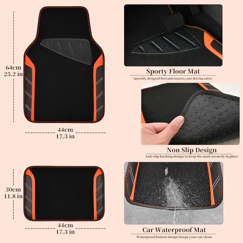CAR PASS Leather Steering Wheel Cover and Waterproof Car Floor Mats,Microfiber Universal Car Combo Fit for 95% Sedan SUV Van Truck,14.5-15inch Sporty Anti-Slip Safety Comfortable Design, Black＆Orange - color: Black&Orange