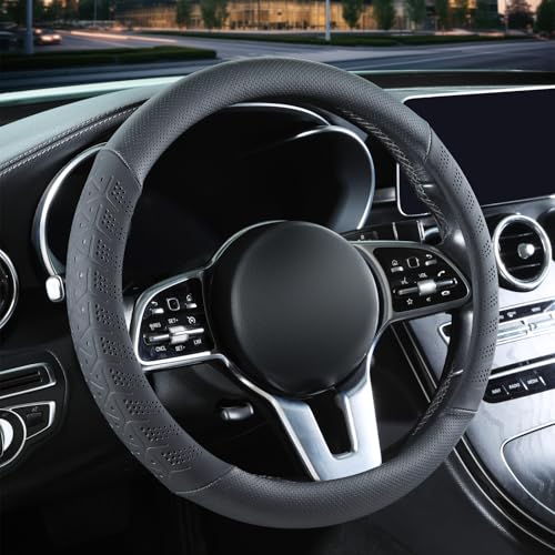 3D Premium Skin-Feel Leather Car Steering Wheel Cover, Anti-Slip Breathable Soft Slim Design, Universal 15 inch, Black - color: Solid Black, size: Round-Medium[14.5''-15'']