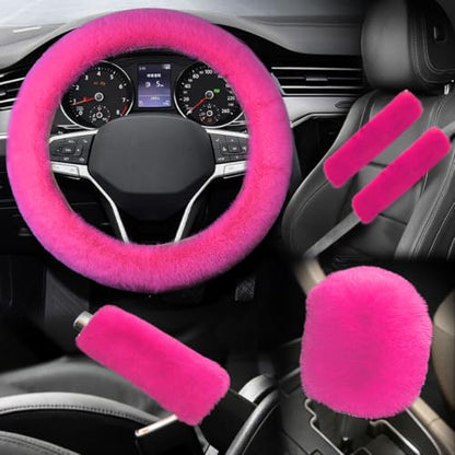 5PCS Fluffy Car Steering Wheel Cover Set, Includes Faux Fur Gear Shift Cover & Handbrake Cover & Steering Wheel Protector & 2 Seat Belt Shoulder Pads, Winter Fuzzy Warm Car Accessories (Rose Red) - color: Rose Red