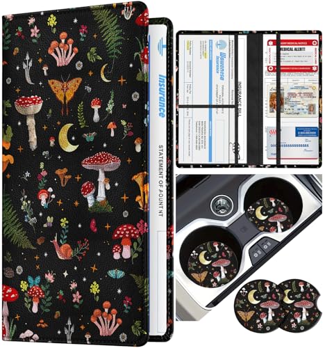 Slohif Car Registration and Insurance Holder - Black Mushroom Vehicle Glove Box Organizer Women with Magnetic Shut Leather Automobile License Holders Coasters Auto Accessories Case for Document - color: Forest Mushroom