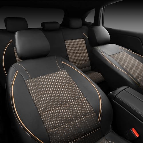 CAR PASS Piping PU Leather Car Seat Cover Full Set,Inside Zipper Design and Reserved Opening Holes,Airbag Compatible,Universal FIT for Car, SUVs,Van,Small Trucks（Full Set, Black & Gold） - color: Black and Gold
