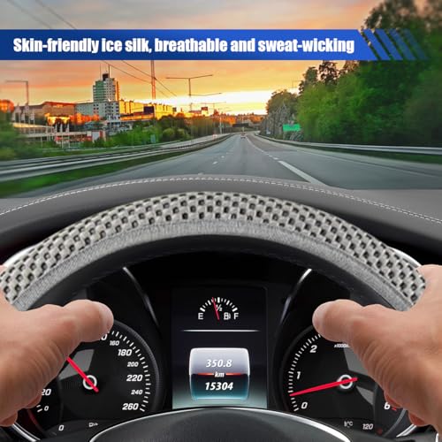 Elastic Stretch Steering Wheel Cover, 15" Breathable Microfiber Ice Silk Steering Wheel Protector, Universal Anti-Slip Car Warm in Winter&Cool in Summer Accessories for Men Women (Gray) - color: Gray