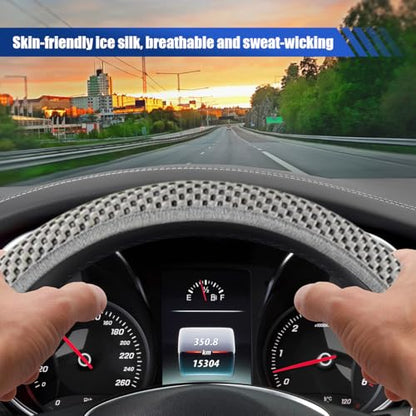 Elastic Stretch Steering Wheel Cover, 15" Breathable Microfiber Ice Silk Steering Wheel Protector, Universal Anti-Slip Car Warm in Winter&Cool in Summer Accessories for Men Women (Gray) - color: Gray