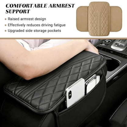 Upgraded Car Center Console Cover, Leather Auto Armrest Cover with 2 Storage Bags, Waterproof Center Console Protective Pad, Universal Cars Armrest Storage Box for Sedan, SUV, Truck (Beige) - color: Beige