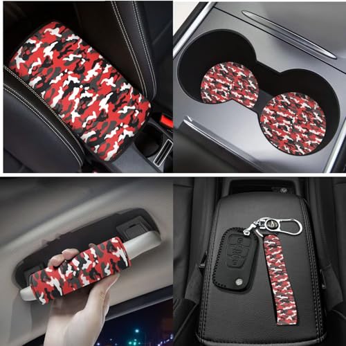17Pcs Red Camo Print Car Seat Cover Set, Easy Install, Car Seat Cover with Mats Steering Wheel Cover Armrest Cover Car Seat Belt Covers Car Coaster Keychain Roof Gloves - color: Red Camo Print