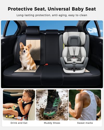 Huidasource Seat Covers Full Set, Universal Fit for Most Cars SUV Trucks, Full Coverage Leather Seat Cover, Airbag, Cupholder Compatible, Seat Function Retain, Easy Install with Velcro, Black & Beige - color: FS: Black&Beige, size: Full Set