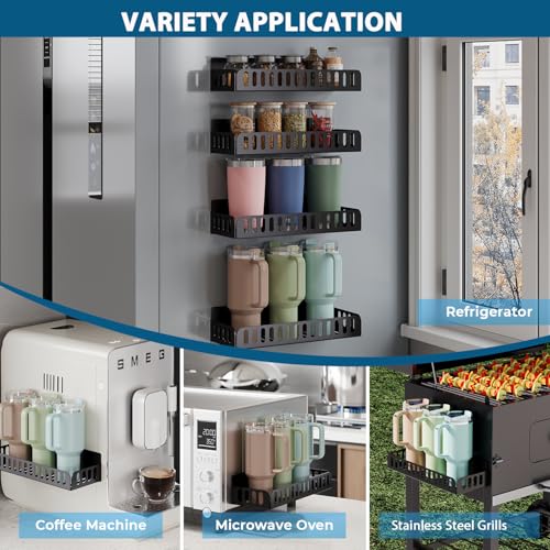 4 Pack Magnetic Stanley Cup Holder for Fridge(Holds 8-12),Heavy Duty Carbon Steel Tumbler Organizer Water Bottle Holder for Stanley Yeti Owala Cups ,Multipurpose Magnetic Shelf for Refrigerator