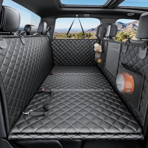 REEVAA 2.0 Hard Bottom Back Seat Extender for Heavy-Duty Dogs, Dog Truck Seat Cover with Cushion Sponge, Waterproof Dog Hammock with Mesh Window for Car, Universal Fit for Crew Cab Truck/SUV, XL Black - size: XL- Full-Size Trucks, SUVs