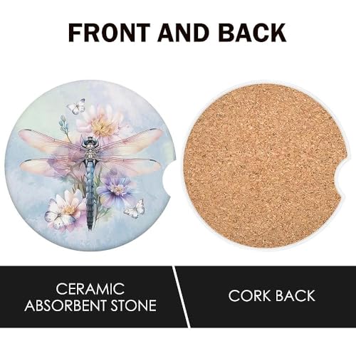 Dragonfly Car Coasters Set of 2 for Cup Holder 2.63" Absorbent Ceramic Cup Coaster Non-Slip Cork Base Drink Coasters with Finger Notch Car Accessories Interior for Women Men