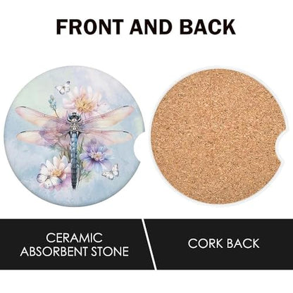 Dragonfly Car Coasters Set of 2 for Cup Holder 2.63" Absorbent Ceramic Cup Coaster Non-Slip Cork Base Drink Coasters with Finger Notch Car Accessories Interior for Women Men