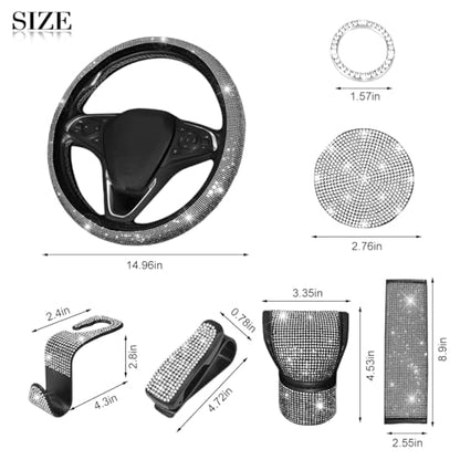 11PCS/Set Bling Car Accessories Set for Women, Rhinestone Vehicle Steering Wheel Cover Seat Belt Cushion Gear Shift Protector Cup Holder Coaster, Universal Automotive Accessories (White)