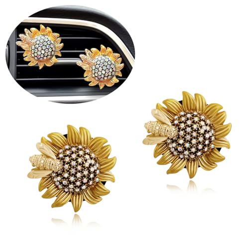 ORIESSE Sunflower Car Accessories,Movable Bee Flower Car Air Freshener Vent Clips,Bling Air Vent Aesthetic Decorations for Women,Refillable Aroma Diffusers