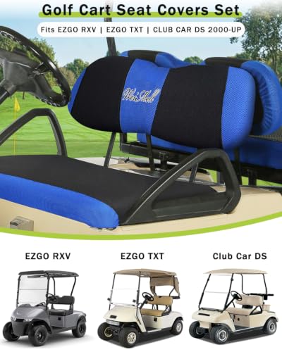 Golf Cart Seat Covers Front & Rear Set for EZGO TXT RXV | Also Fits Club Car DS - 2000-Up | Breathable Mesh | Cool & Sweat-Proof | Machine Washable | Easy to Install, Black&Blue - color: Black & Blue, size: Rear + Front Seat EZGO TXT RXV Club Car DS 2000-