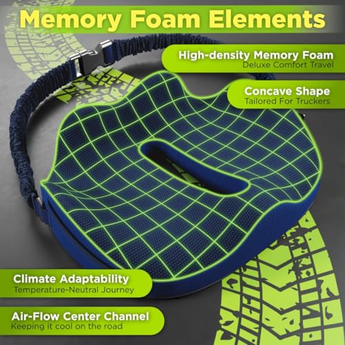 XL Truck Seat Cushion for Truck Driver Seat Cushion - Upgraded Back Support, CertiPUR-US® Certified - Thick Memory Foam, Pain Relief for Hours of Driving, Trucker Approved Big Rig - Navy - color: Navy Blue, size: XLarge