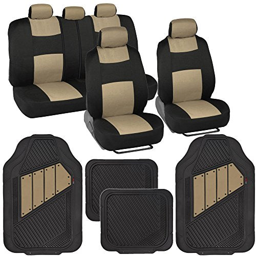 BDK PolyPro Black & Beige Car Seat Covers Full Set with Motor-Trend FlexTough All Weather Rubber Car Floor Mats - Front & Rear Split Bench Seat Covers for Cars & Matching Floor Mats for Car Interior - color: Black & Beige