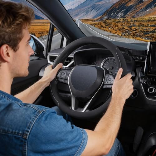 15 inch Microfiber Suede Car Steering Wheel Cover, Universal Anti-Slip Grip Protector for SUV Truck, Black