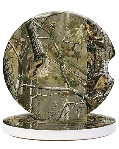 CLEVI 2 Pack Universal Ceramic Car Forest Camouflage,Camo Tree Ceramic Stone with A Finger Notch for Easy Removal of Car Cup Holder Coaster - color: Forest Camouflage
