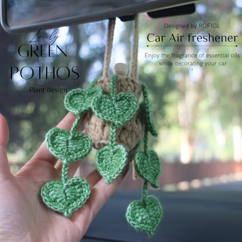ROFIGL Handmade Crochet Hanging Car Air Freshener- Lifelike Green Pothos for Hanging with 12ml Thick Refillable Glass Diffuser Bottle, Suitable Decor for Car Rearview Mirror, Home & Wellness Spaces - style: Green Pothos