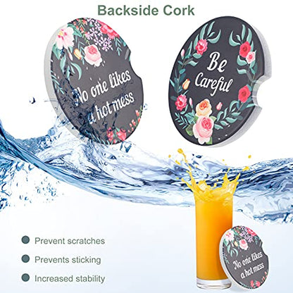 Boao 4 Pcs Floral Car Cupholder Coasters for Valentine's Day, Ceramic Coasters 2.56'' Anti Slip Base with Finger Notch for Dry Clean, Car Interior Accessories, Birthday Gifts - style: Floral