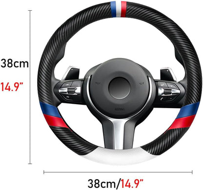Carbon Fiber Leather Sport Car Steering Wheel Cover Sports Steering Wheel High-Grade Leather Set Stylish Non-Slip Leather car Interior 15 inches for All Car Steering Wheel Cover
