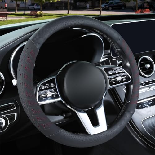 3D Premium Skin-Feel Leather Large Steering Wheel Cover, Anti-Slip Breathable Soft Slim Design, 15.5 inch to 16 inch, Black with Red - color: Black with Red, size: Round-Large[15.5''-16'']
