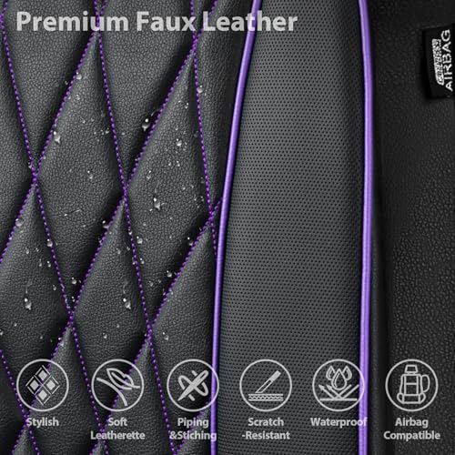 CAR PASS Piping Luxury Faux Leather Two Front Car Seat Covers, Waterproof Anti Slip Premium Automotive Seat Covers,Universal Fit for Suvs,Vans,Trucks, Armrest Airbag Compatible (Black and Purple) - color: Black and Purple, size: Two Front