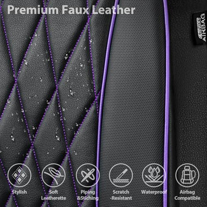 CAR PASS Piping Luxury Faux Leather Two Front Car Seat Covers, Waterproof Anti Slip Premium Automotive Seat Covers,Universal Fit for Suvs,Vans,Trucks, Armrest Airbag Compatible (Black and Purple) - color: Black and Purple, size: Two Front