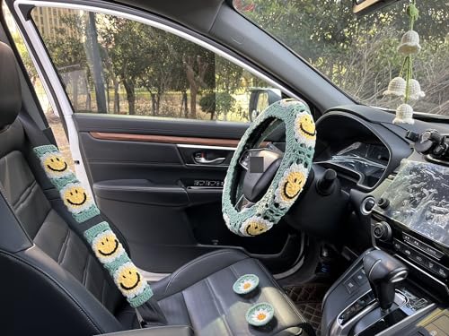 Handmade Crochet Sun Car Steering Wheel Covers Universal 14-15 inch,Cute Steering Wheel Cover,Car Accessories (Sun Wheel Cover+2belt Cover+2Coaster+Hanging) - color: Sun wheel cover+2belt cover+2Coaster+hanging