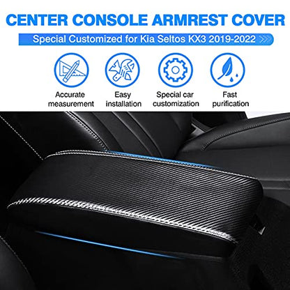 Autorder Center Console Cover for Kia Seltos 2021 2022 2023 2024 2025 Accessories Carbon Fiber Armrest Cover Anti-Scratch Middle Console Pad Leather Armrest Protector - size: 2021-2025 Kia Seltos