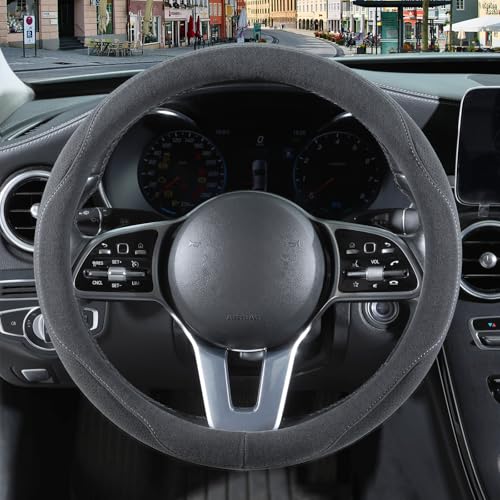 14 inch Gray Suede Steering Wheel Cover, Breathable Non-Slip Sweat-Proof Wear-Resistant No Pilling, Warm in Winter and Cool in Summer - color: Gray, size: Round-S[13.5''-14'']