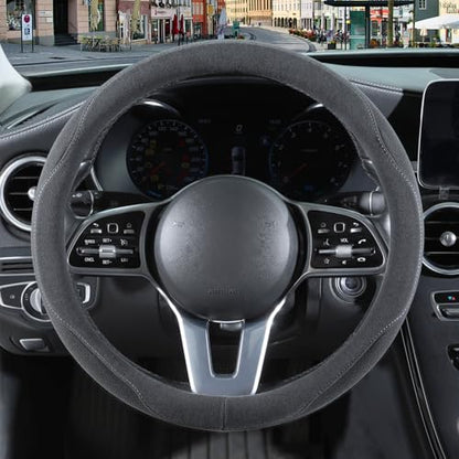 14 inch Gray Suede Steering Wheel Cover, Breathable Non-Slip Sweat-Proof Wear-Resistant No Pilling, Warm in Winter and Cool in Summer - color: Gray, size: Round-S[13.5''-14'']
