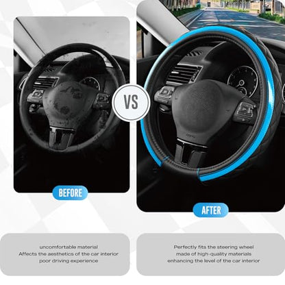 Road Comforts Leather Steering Wheel Cover – Black & Blue, Universal Fit 14.5-15 Inch, Microfiber Leather, Anti-Slip & Breathable Design for Men and Women - color: Lighet Blue