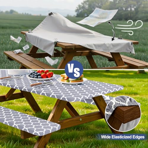Smiry Picnic Table Cover with Bench Covers, Waterproof Elastic Fitted Tablecloth for 6 Foot Tables, Washable Polyester Tablecloths for Camping, Indoor & Outdoor (Grey, 30x72 Inch 3-pc Set)