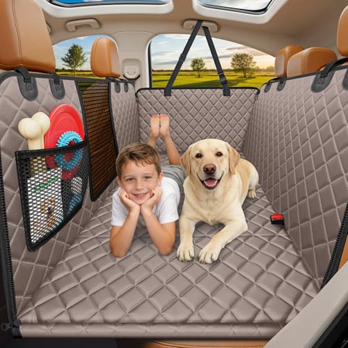 URPOWER Backseat Extender for Dogs - Hard Bottom Dog Car Seat Cover for Back Seat, Dog Hammock for Car and SUV, Pet Rear Seat Protector Dogs Travel Bed with Mesh Window & Side Flaps - color: Khaki, size: Medium - for Most Sedans & SUVs