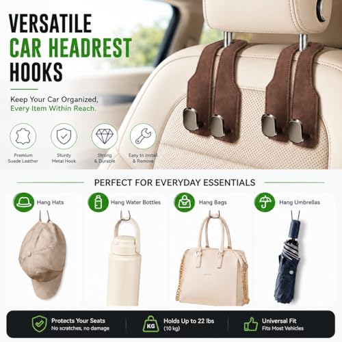 2Pcs Car Headrest Hooks with Premium Leather, Upgraded Double Metal Hooks with Anti-Drop Design, Universal Back Seat Hanger for Bags, Coats, Purses and Groceries (Stylish Brown)